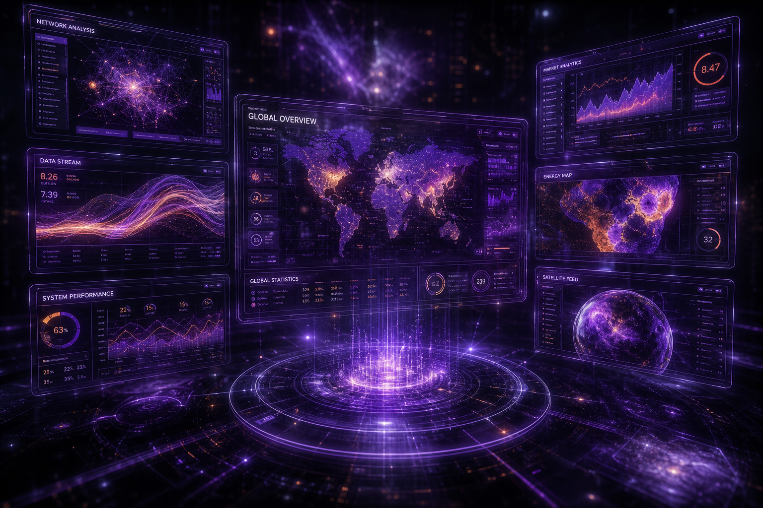 Holographic analytics dashboard with heatmaps and charts