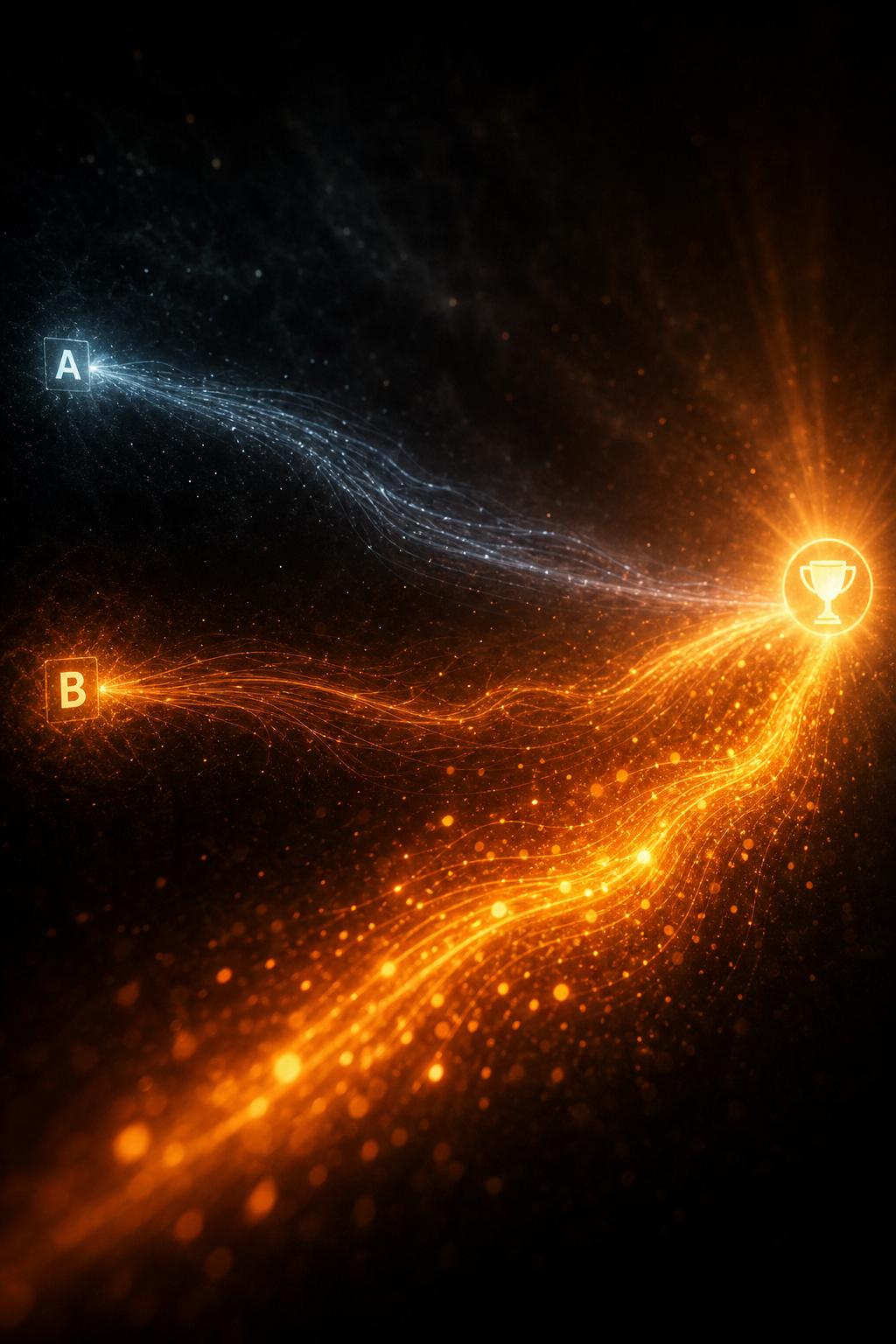 A/B testing visualization with diverging paths showing winner